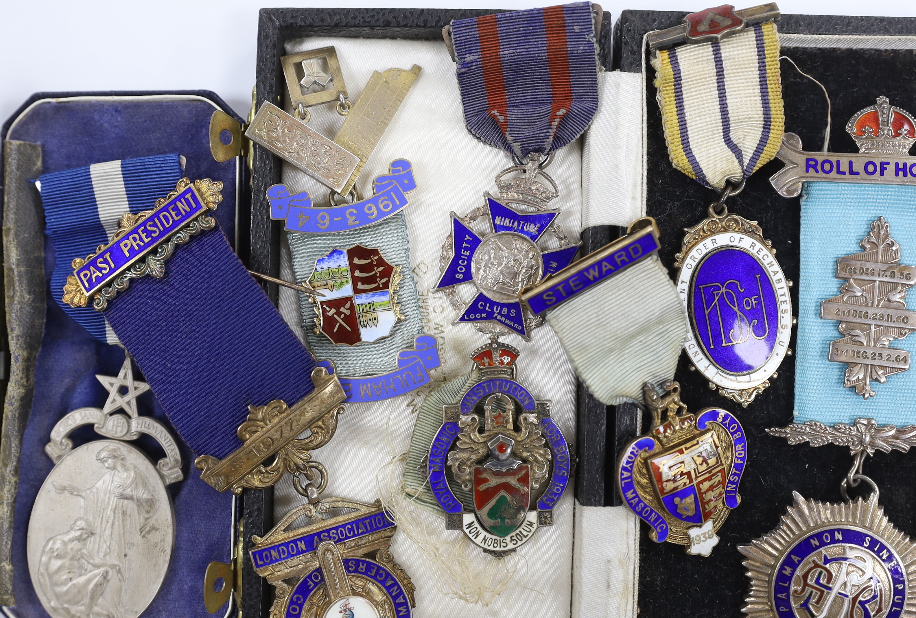 Eight silver and enamel Masonic medals 1930s-1970s, all with silver hallmarks, including; a past president medal, a Fulham lodge medal, a Rifle club medal, a Steward’s medal, an Independent Order of Rechabites S.U., etc.